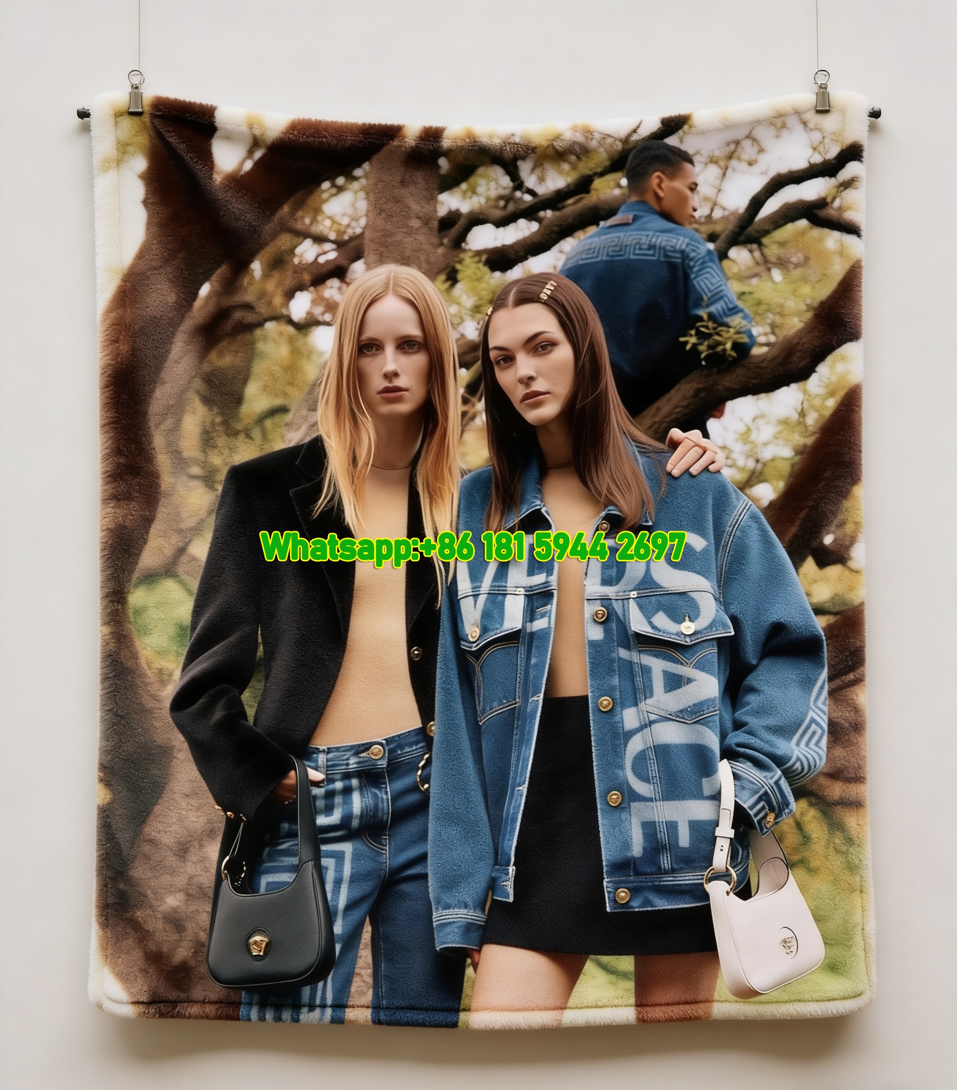 Versace Blue Denim Black White Print Flannel Throw Blanket Luxury Sofa Cover Blanket IMG_1722